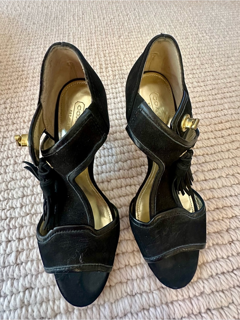 Coach Black Suede Tassel Heels with Gold Accents